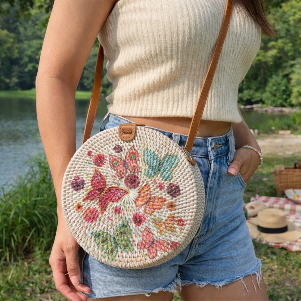 Round Wicker Rattan Butterflies Bag